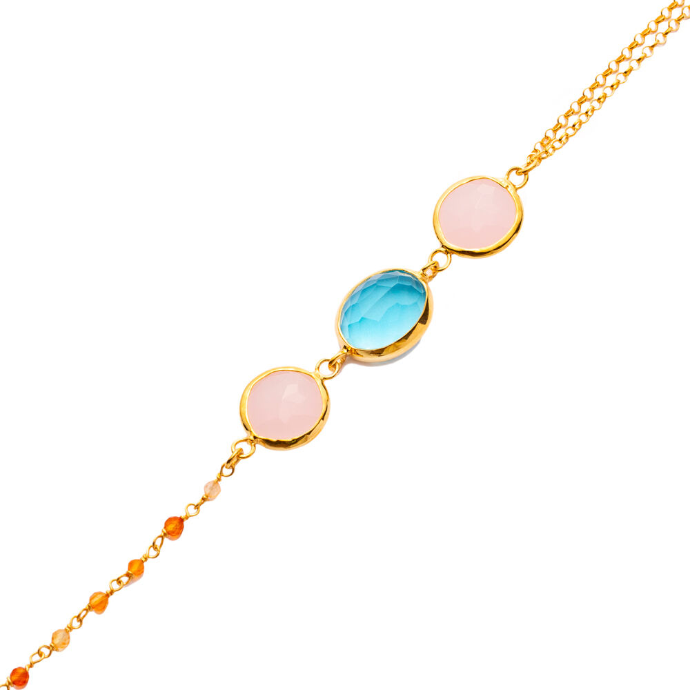 Pink and Aquamarine Quartz Gold Bezel Sterling Silver Bracelet