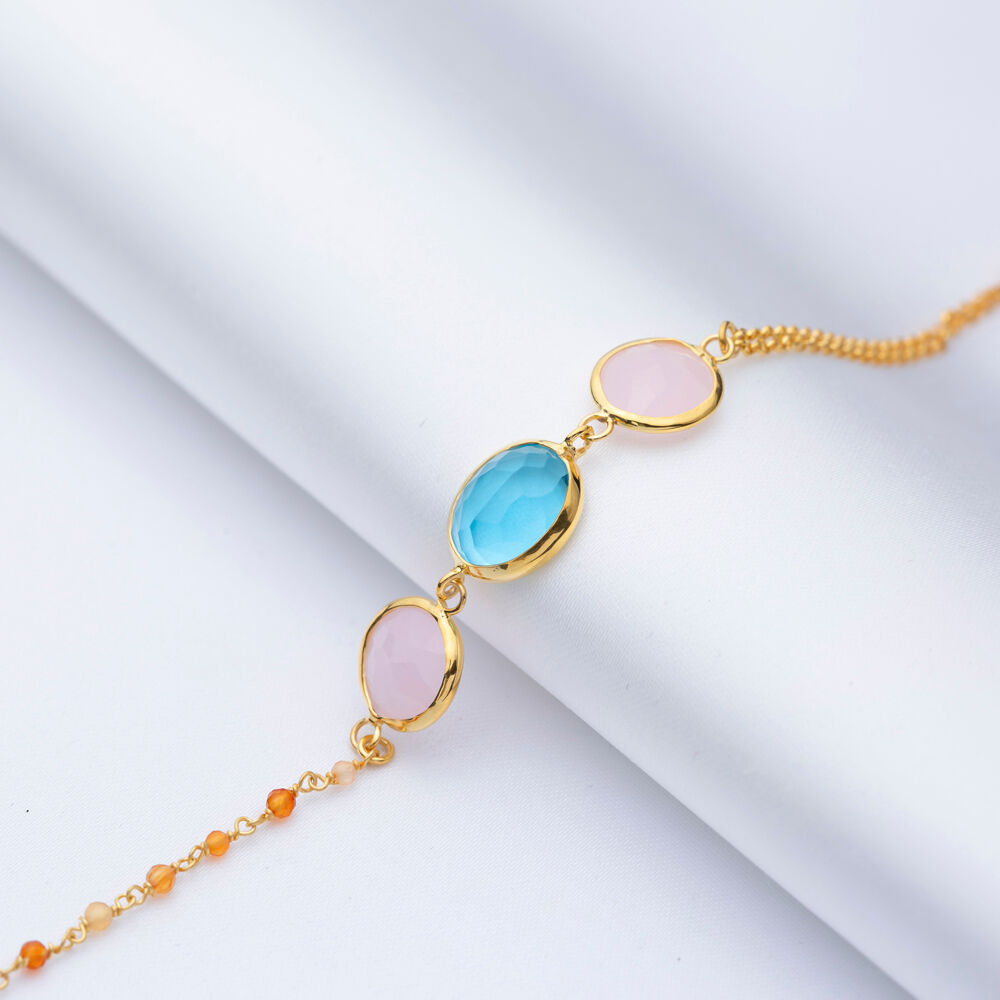 Pink and Aquamarine Quartz Gold Bezel Sterling Silver Bracelet