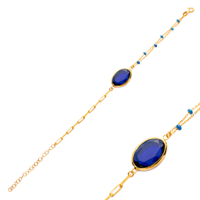 Oval Sapphire Quartz Enamel Chain Gold Bezel Silver Bracelet