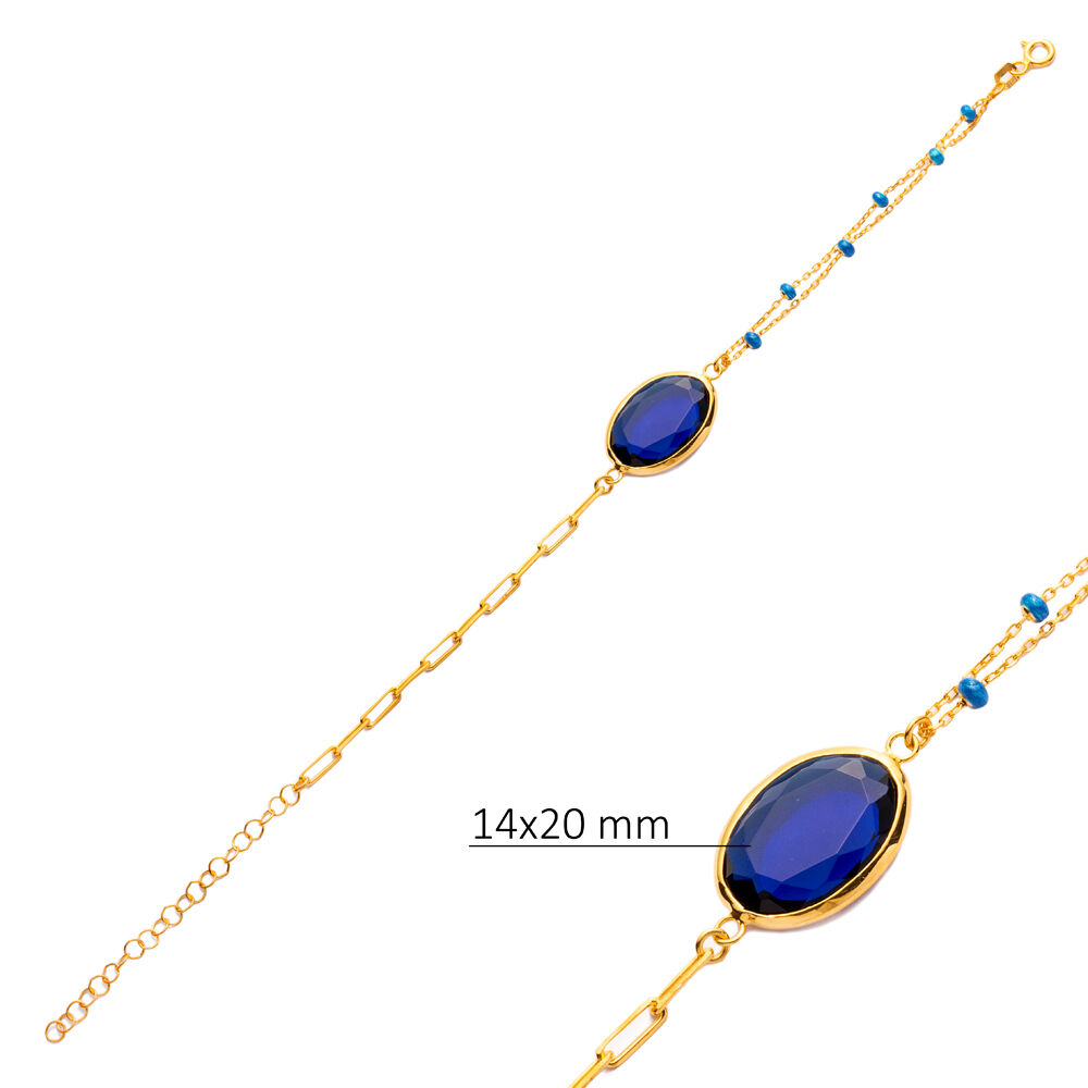 Oval Sapphire Quartz Enamel Chain Gold Bezel Silver Bracelet