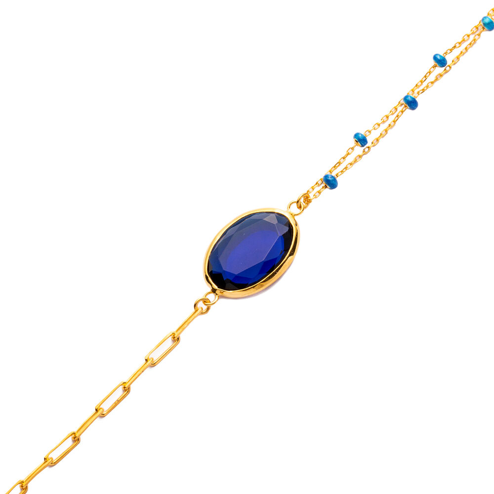 Oval Sapphire Quartz Enamel Chain Gold Bezel Silver Bracelet