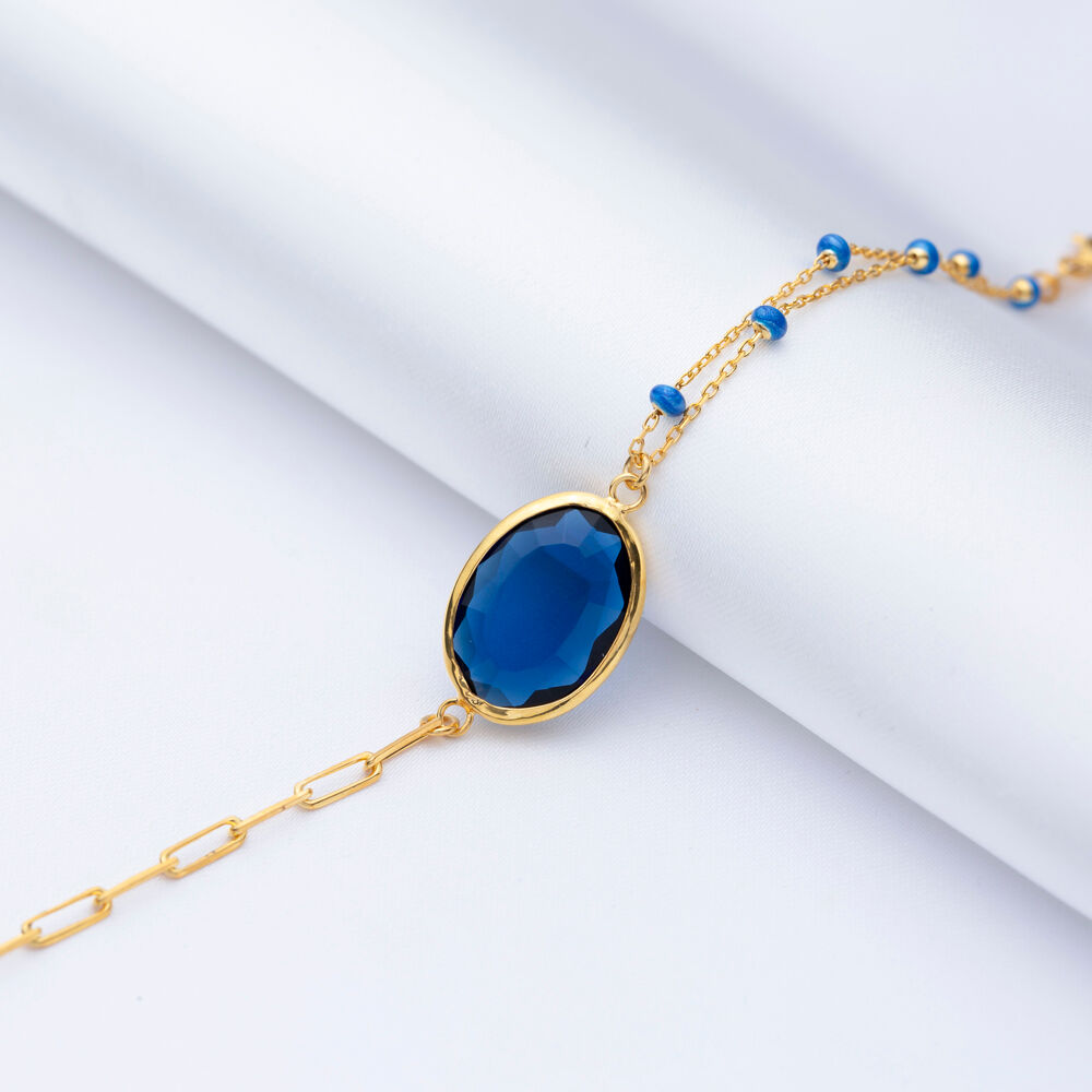 Oval Sapphire Quartz Enamel Chain Gold Bezel Silver Bracelet