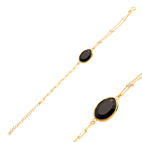 Black Quartz Oval Wholesale Gold Bezel 925 Silver Bracelet