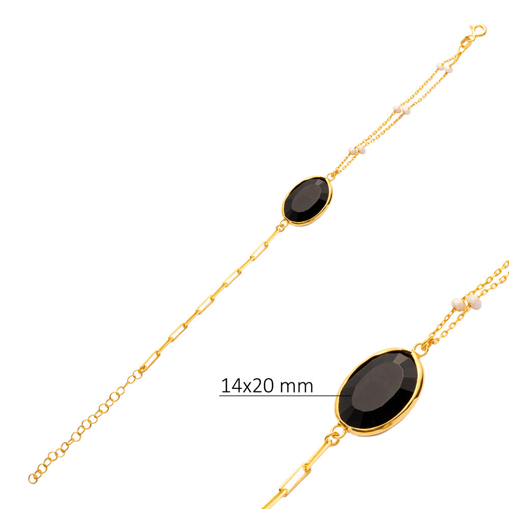 Black Quartz Oval Wholesale Gold Bezel 925 Silver Bracelet