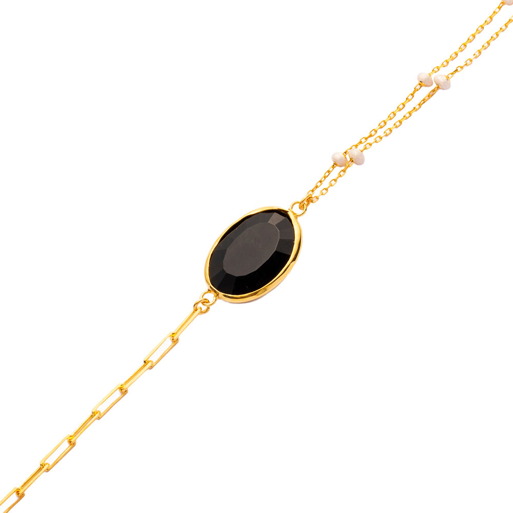 Black Quartz Oval Wholesale Gold Bezel 925 Silver Bracelet