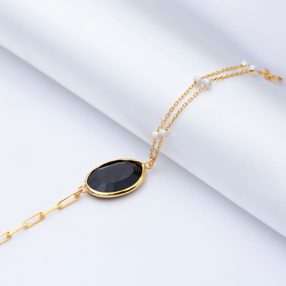 Black Quartz Oval Wholesale Gold Bezel 925 Silver Bracelet