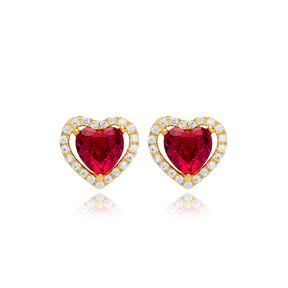 Heart Design Garnet CZ Stone 925 Silver Stud Earrings