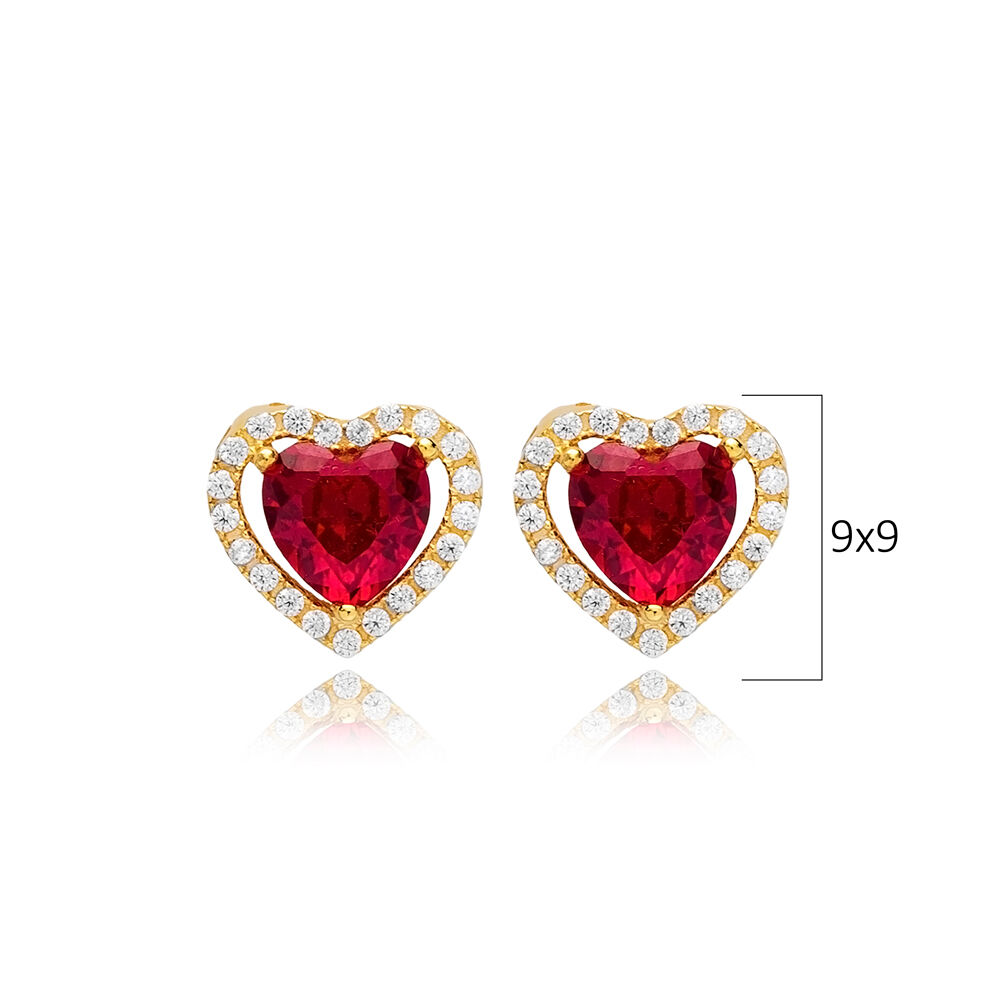 Heart Design Garnet CZ Stone 925 Silver Stud Earrings