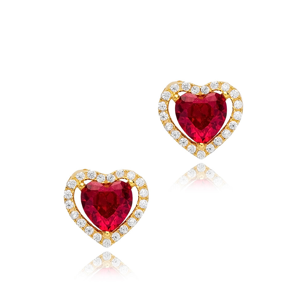 Heart Design Garnet CZ Stone 925 Silver Stud Earrings