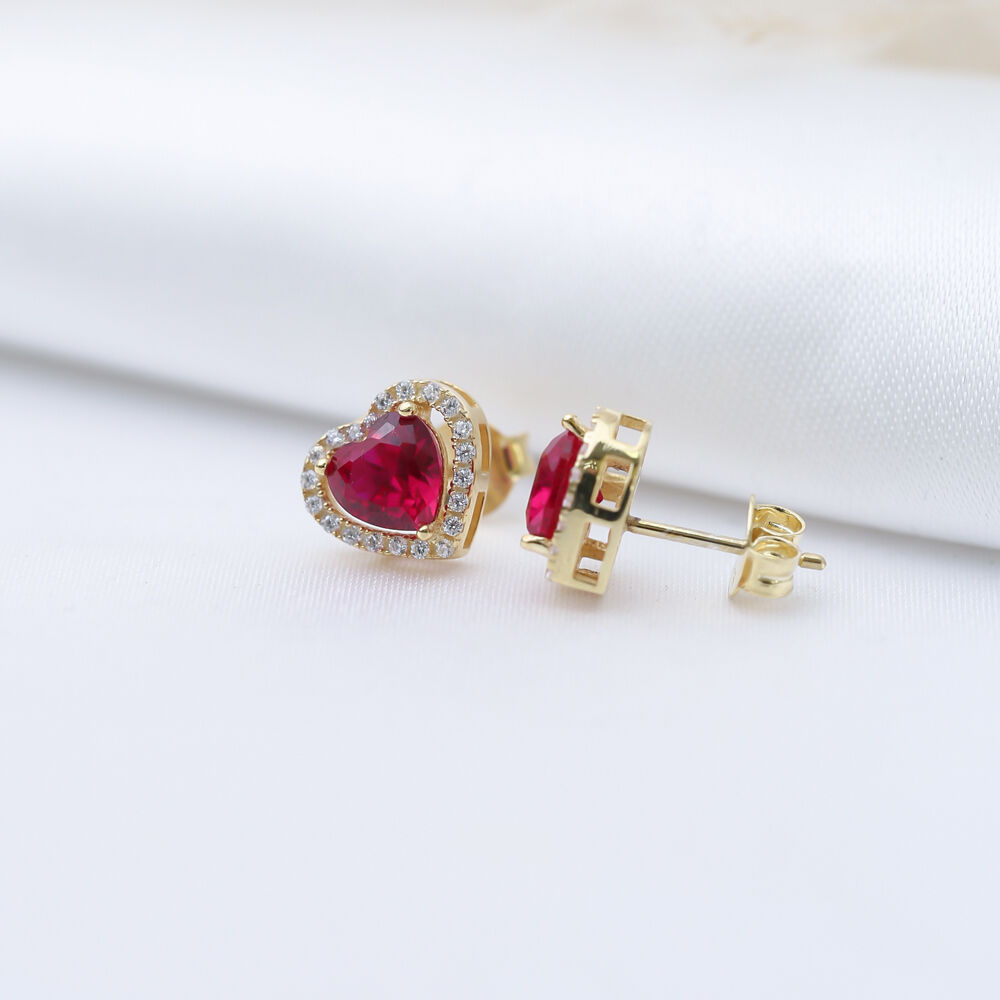 Heart Design Garnet CZ Stone 925 Silver Stud Earrings