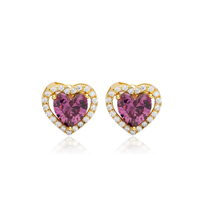 Heart Design Amethyst CZ Stone 925 Silver Stud Earrings