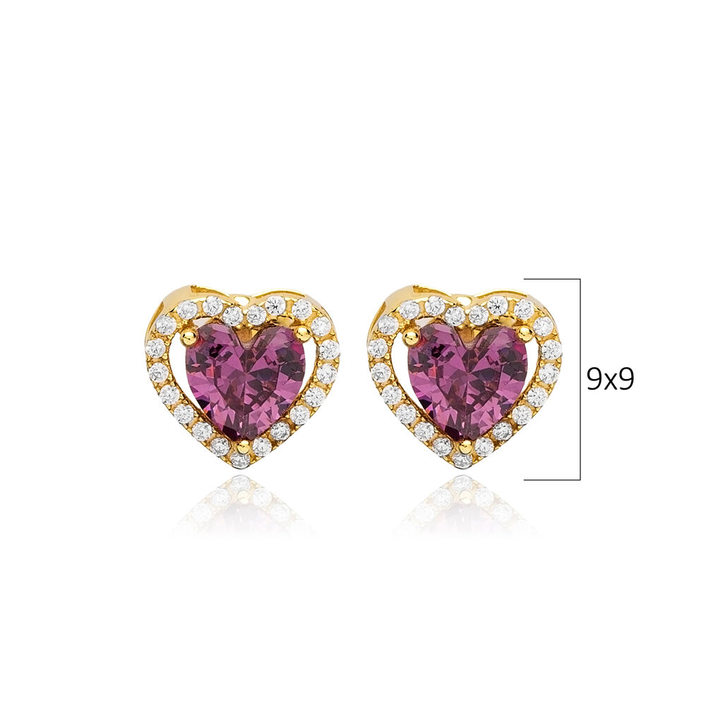 Heart Design Amethyst CZ Stone 925 Silver Stud Earrings