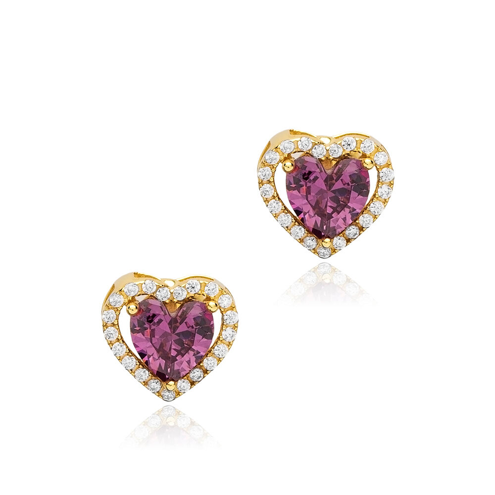 Heart Design Amethyst CZ Stone 925 Silver Stud Earrings