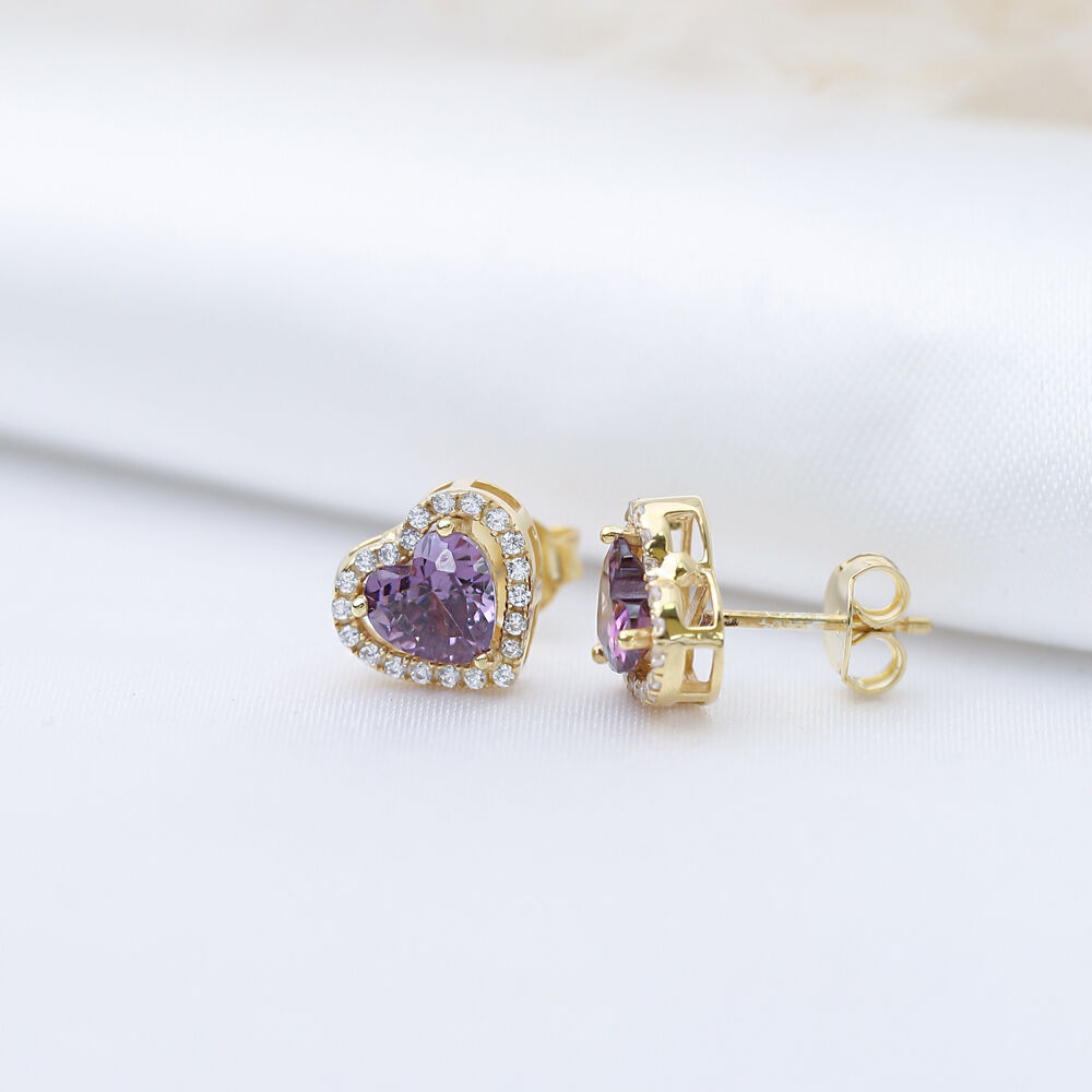 Heart Design Amethyst CZ Stone 925 Silver Stud Earrings