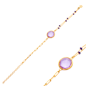 Amethyst Quartz Round Design Gold Bezel Silver Bracelet