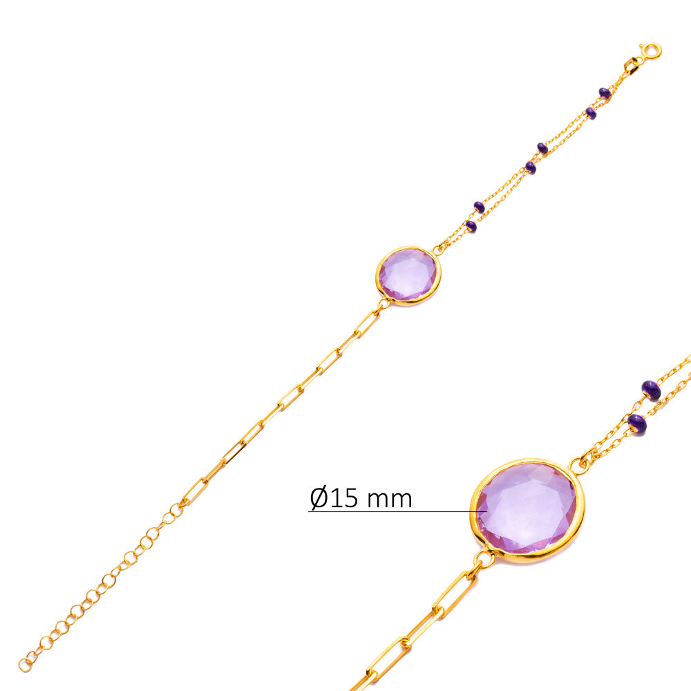 Amethyst Quartz Round Design Gold Bezel Silver Bracelet