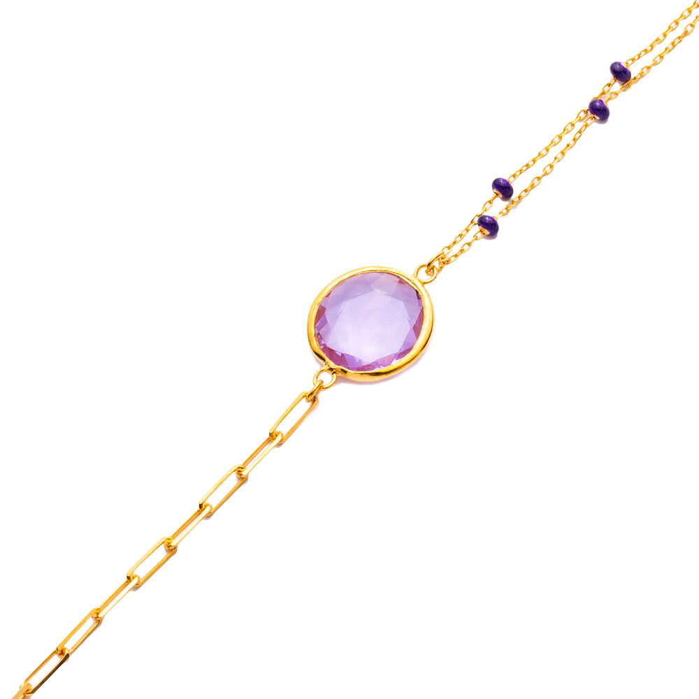 Amethyst Quartz Round Design Gold Bezel Silver Bracelet