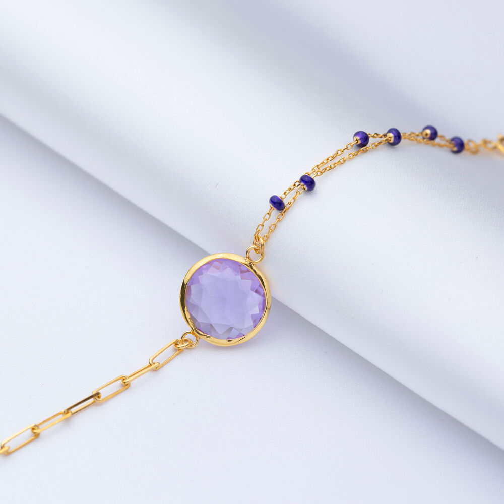 Amethyst Quartz Round Design Gold Bezel Silver Bracelet