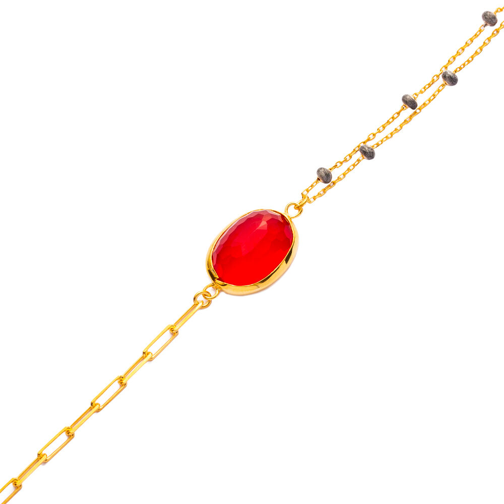 Ruby Quartz Oval Design Gold Bezel Charm Silver Bracelet