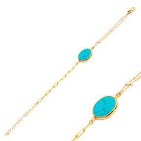 Turquoise Quartz Oval Design Gold Bezel Charm Silver Bracelet