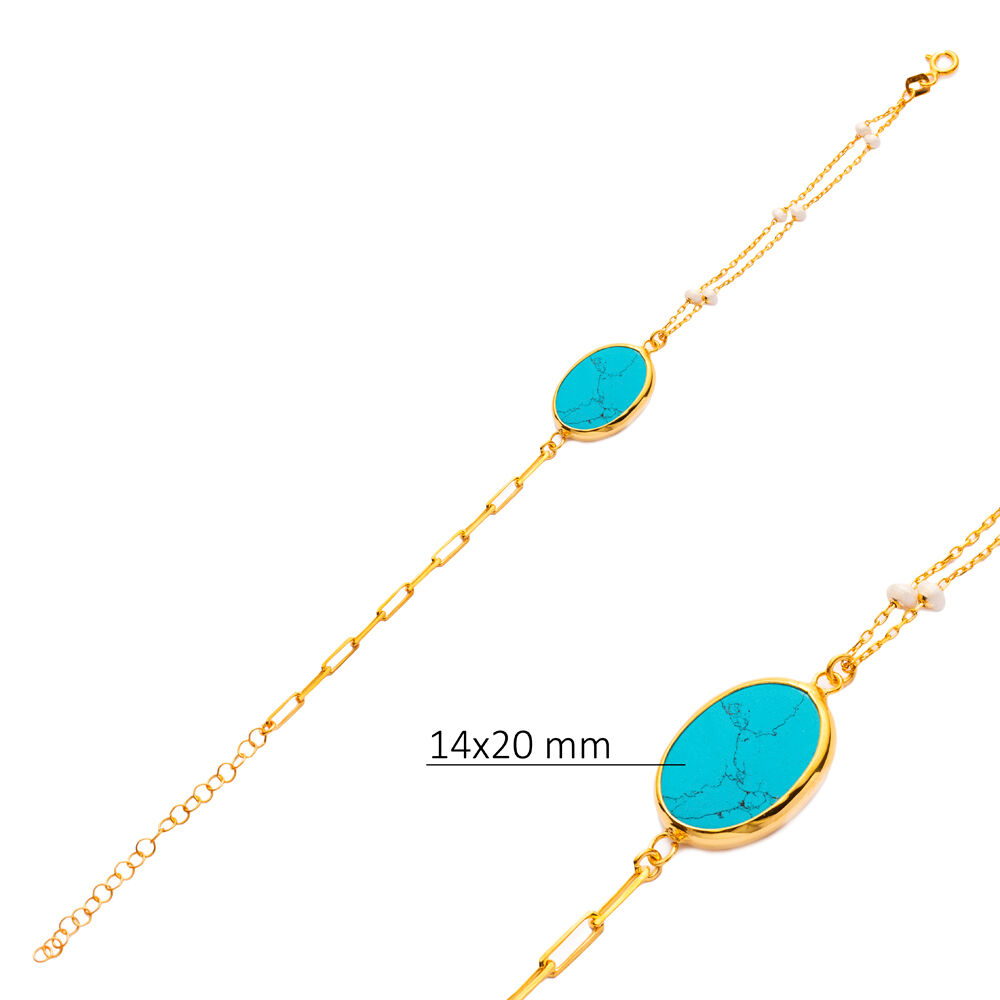 Turquoise Quartz Oval Design Gold Bezel Charm Silver Bracelet