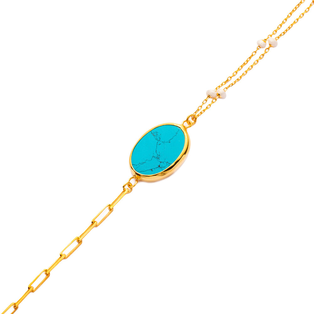 Turquoise Quartz Oval Design Gold Bezel Charm Silver Bracelet