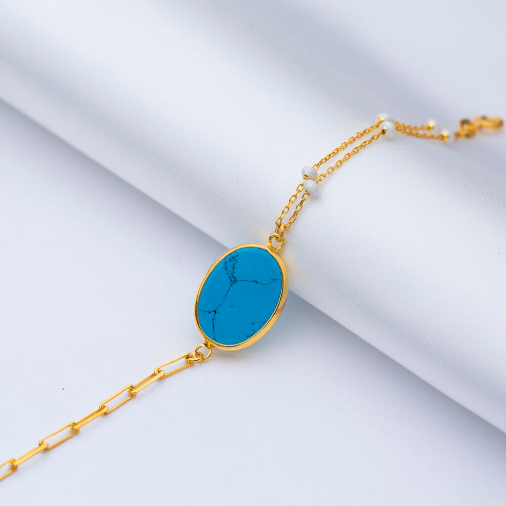 Turquoise Quartz Oval Design Gold Bezel Charm Silver Bracelet