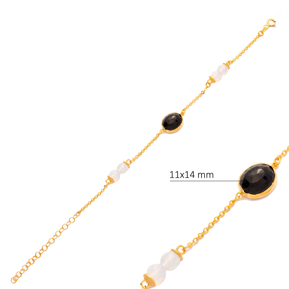 Black Quartz Oval Design Gold Bezel Bracelet Silver Jewelry