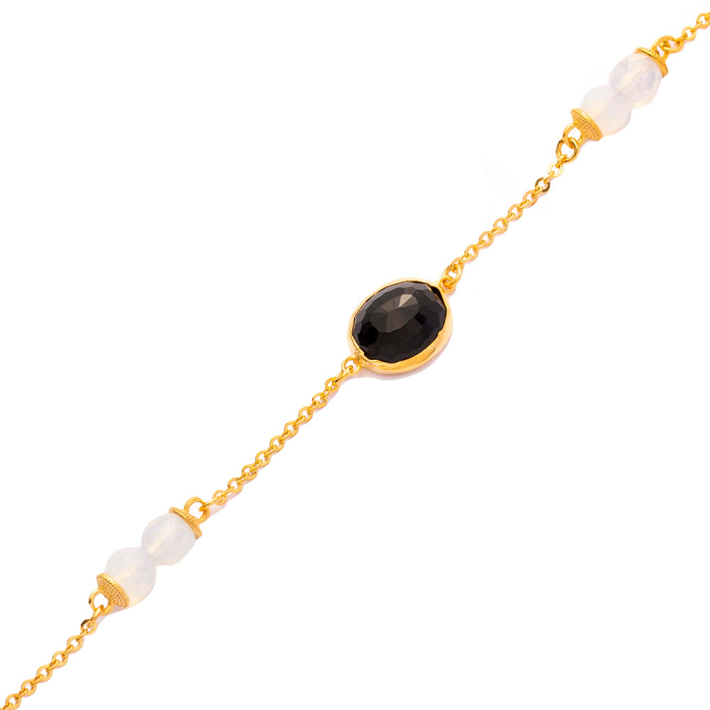 Black Quartz Oval Design Gold Bezel Bracelet Silver Jewelry