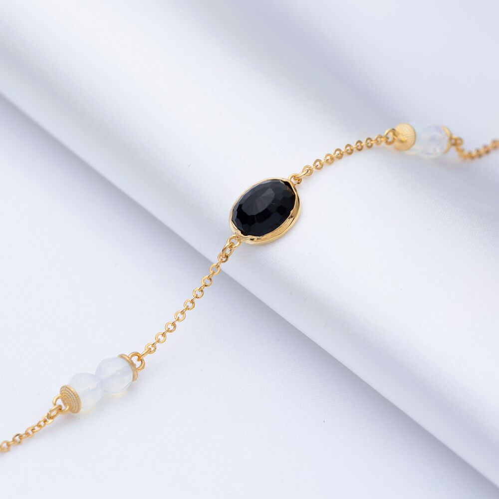 Black Quartz Oval Design Gold Bezel Bracelet Silver Jewelry