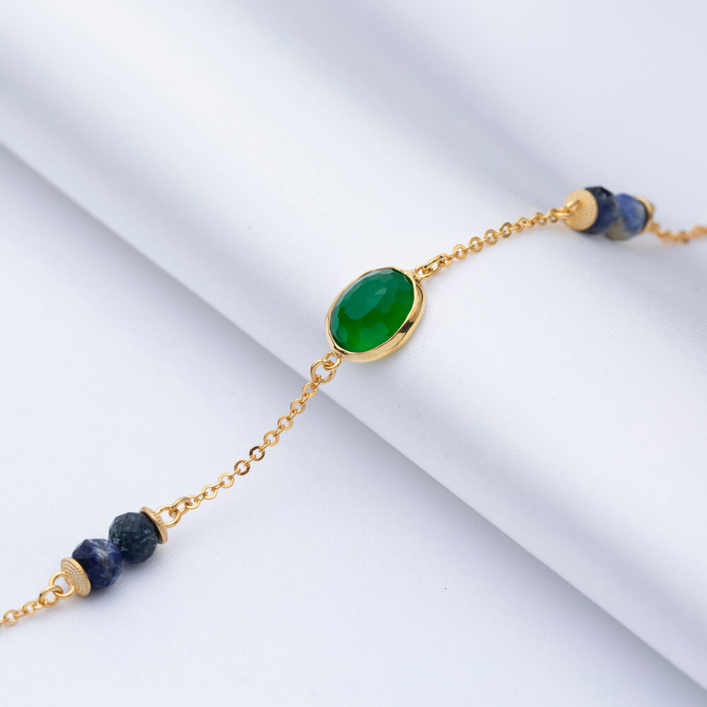 Green Quartz Oval Design Gold Bezel Bracelet Silver Jewelry