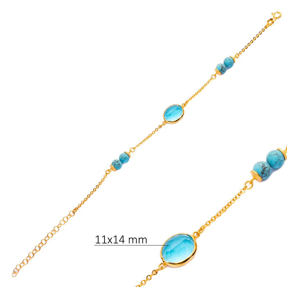 Aquamarine Quartz Gold Bezel Oval Sterling Silver Bracelet Jewelry