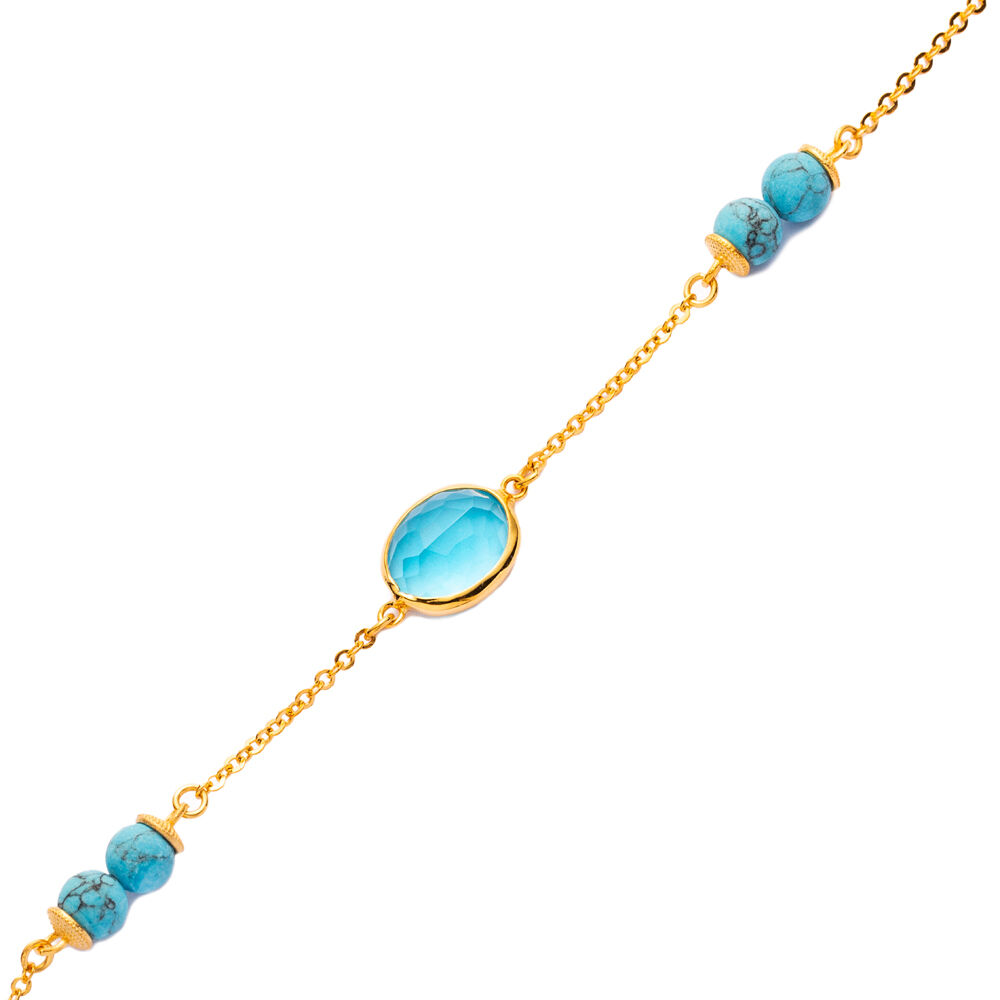 Aquamarine Quartz Gold Bezel Oval Sterling Silver Bracelet Jewelry