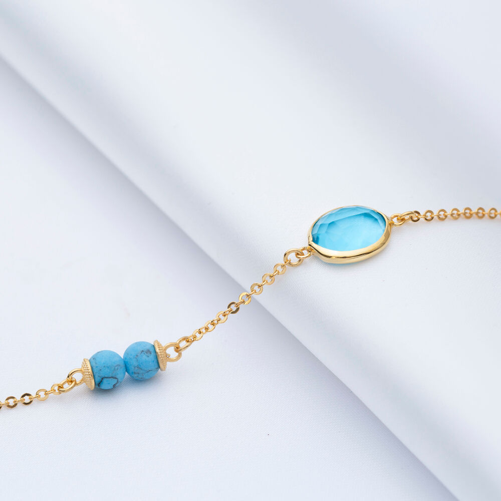 Aquamarine Quartz Gold Bezel Oval Sterling Silver Bracelet Jewelry