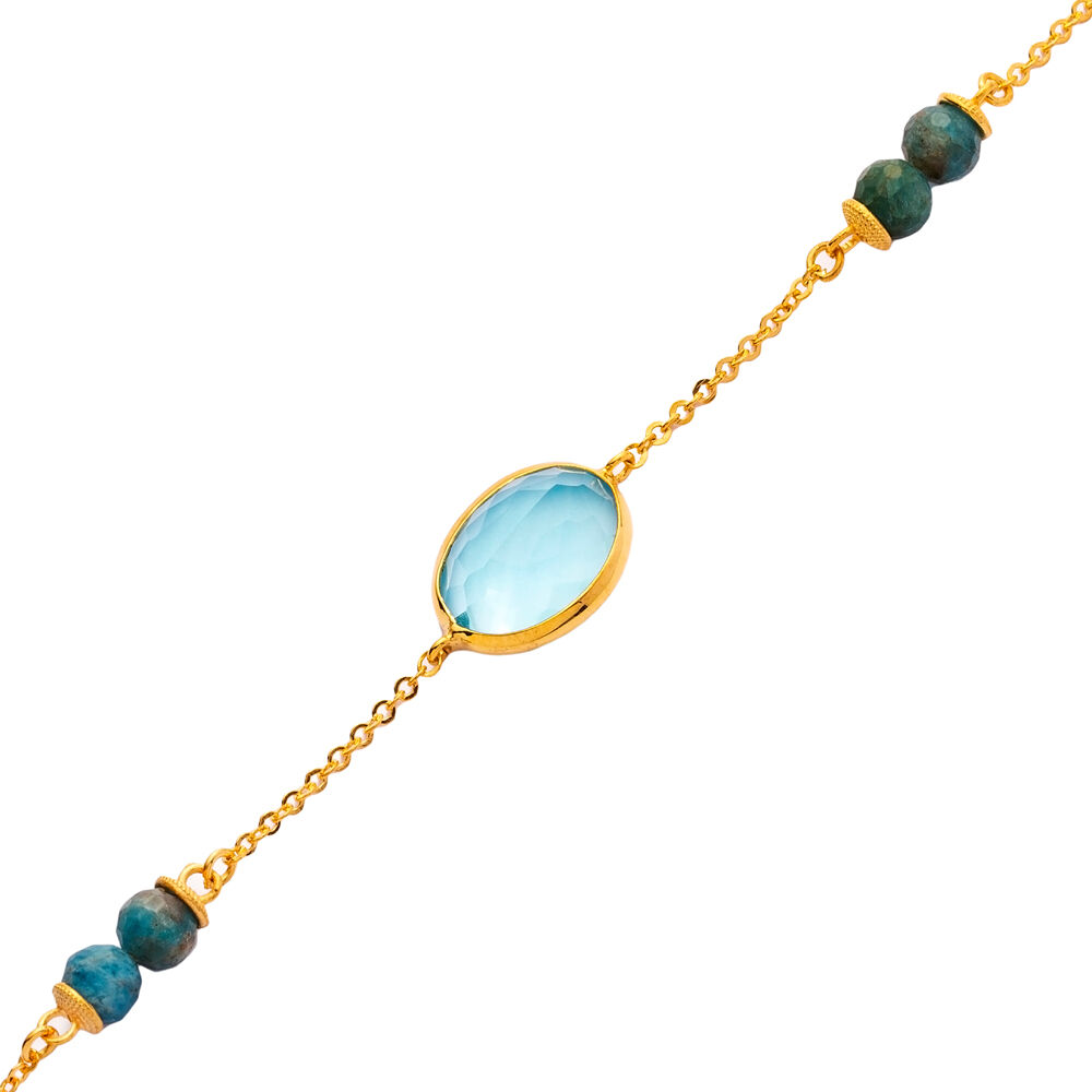 Aquamarine Quartz Gold Bezel Oval Silver Bracelet Jewelry