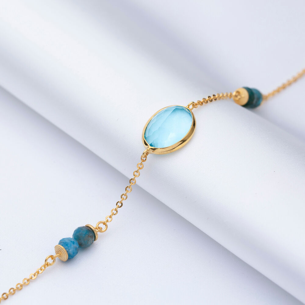 Aquamarine Quartz Gold Bezel Oval Silver Bracelet Jewelry