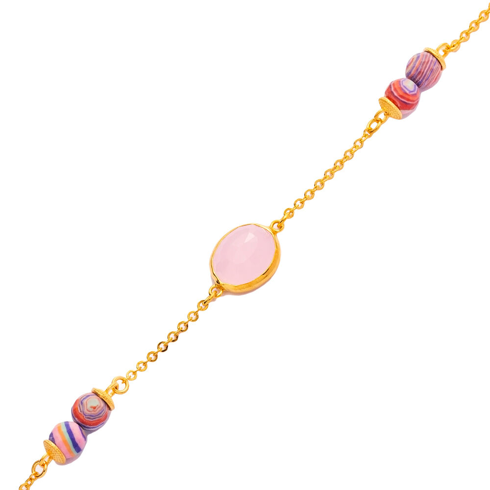 Pink Quartz Oval Gold Bezel 925 Silver Bracelet Jewelry