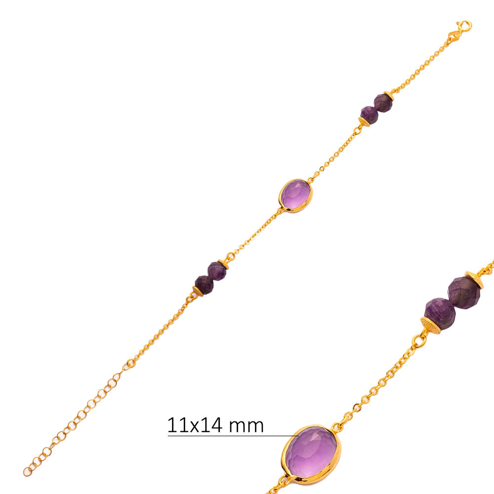 Amethyst Quartz Oval Gold Bezel 925 Silver Bracelet Jewelry