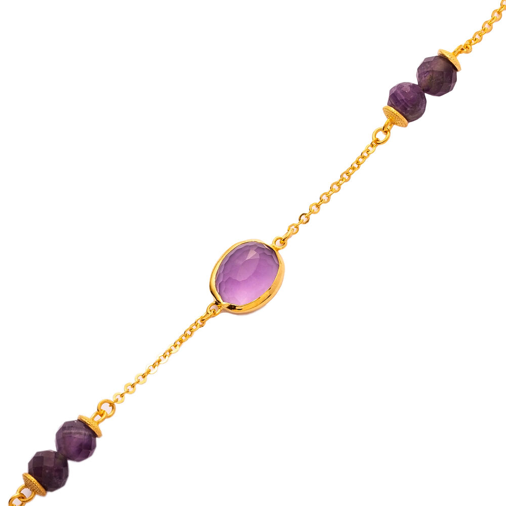 Amethyst Quartz Oval Gold Bezel 925 Silver Bracelet Jewelry