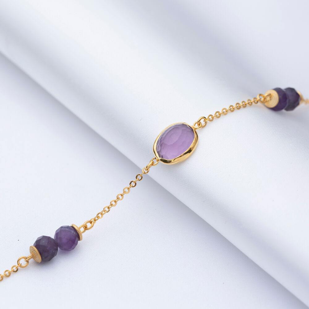 Amethyst Quartz Oval Gold Bezel 925 Silver Bracelet Jewelry