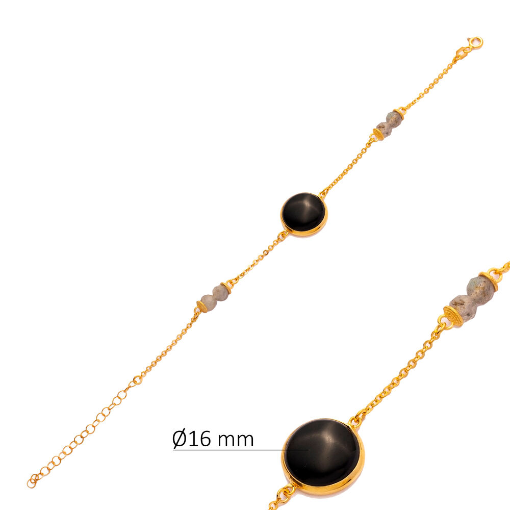 Black Quartz Round Gold Bezel 925 Silver Bracelet Jewelry