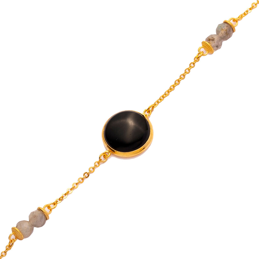 Black Quartz Round Gold Bezel 925 Silver Bracelet Jewelry