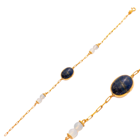 Silvery Navy Blue Quartz Stone Oval Gold Bezel Silver Bracelet