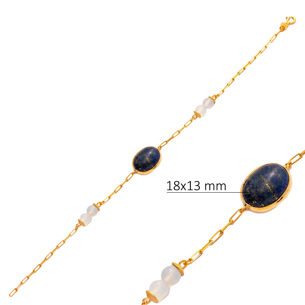 Silvery Navy Blue Quartz Stone Oval Gold Bezel Silver Bracelet