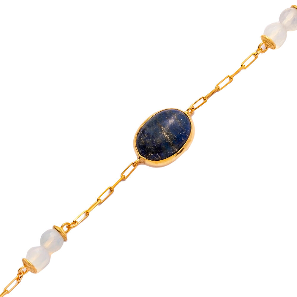 Silvery Navy Blue Quartz Stone Oval Gold Bezel Silver Bracelet