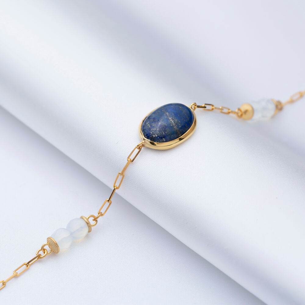 Silvery Navy Blue Quartz Stone Oval Gold Bezel Silver Bracelet