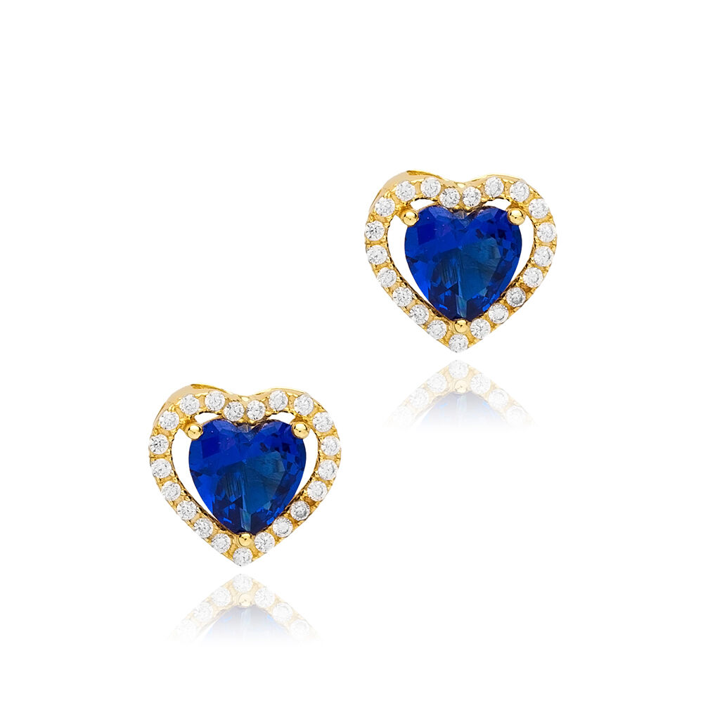 Heart Design Sapphire CZ Stone 925 Silver Stud Earrings