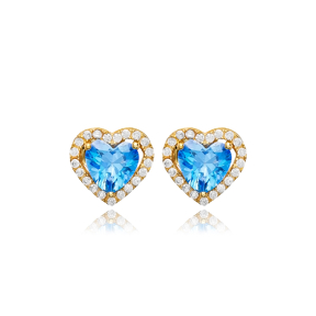 Aquamarine CZ Heart Design Stone 925 Silver Stud Earrings