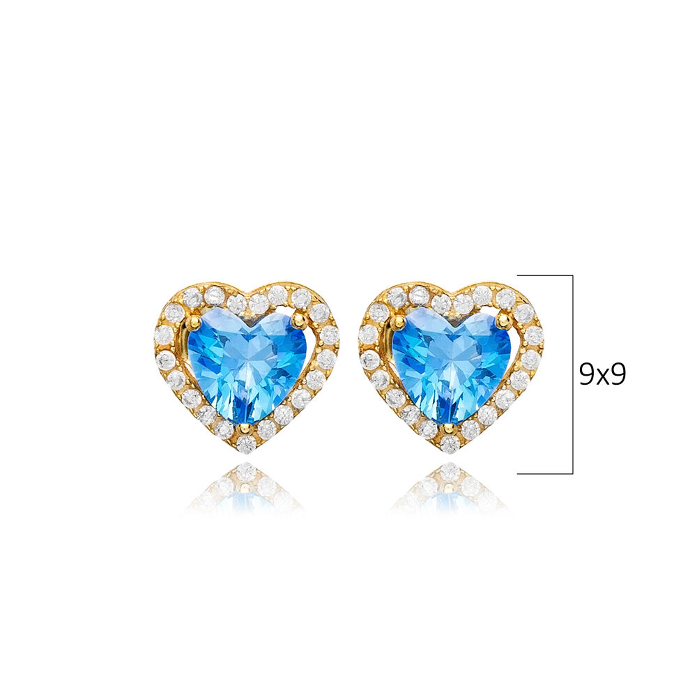 Aquamarine CZ Heart Design Stone 925 Silver Stud Earrings