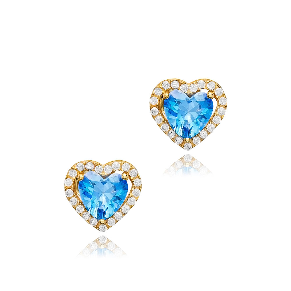 Aquamarine CZ Heart Design Stone 925 Silver Stud Earrings